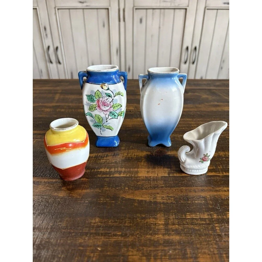 Vintage Mini Vase Lot 4 Occupied Japan Hand Painted Floral Bud Vases Ceramic